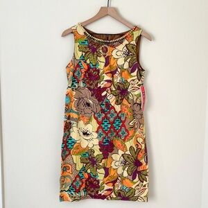 NWT Vintage R & K Originals Beaded Floral Linen Sleeveless Shift Dress Womens 10